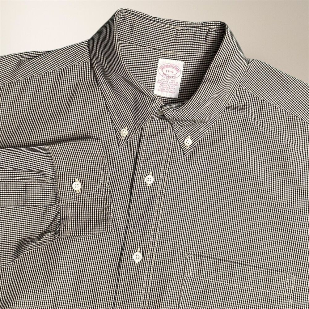 Brooks Brothers Makers Men's 17 Brown Black Gingham Cotton Long Sleeve Shirt USA